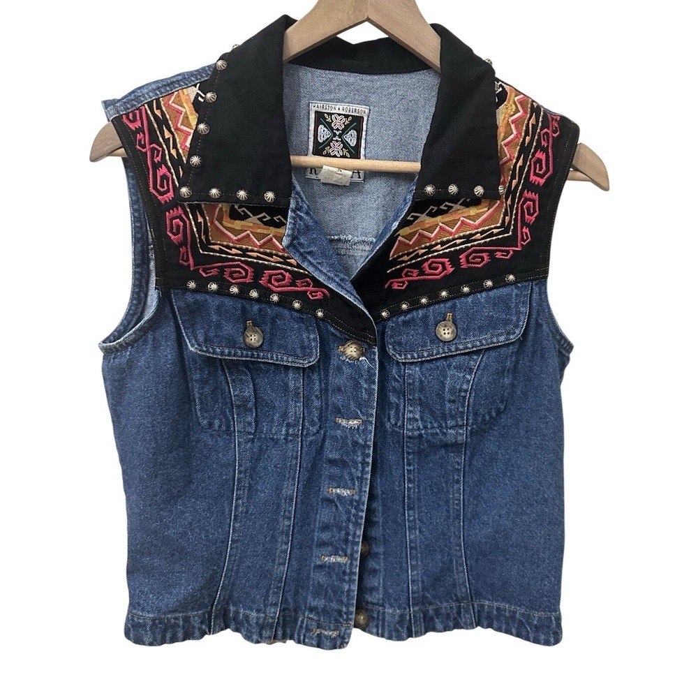 Hairston & Roberson Ropa Denim Vest Medium Blue Western Embroidered Concho Studs